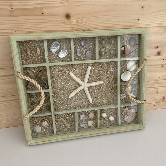 Other - Shadowbox Tray Seashell Collection Mint Green Washed Wood Rope Handles